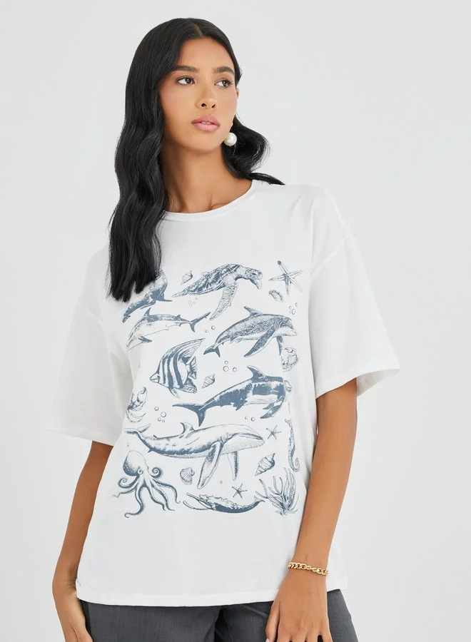 Take Two Take Two Graphic Print Round Neck Oversized T-Shirt